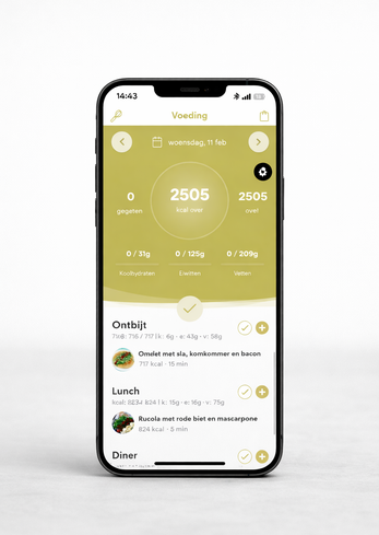 Online coaching voedingsapp — dagelijkse kcal, macro's en maaltijden afvinken
