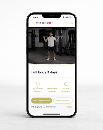 Online coaching trainingsapp — workout met techniekvideo, tijdsduur, intensiteit en kcal